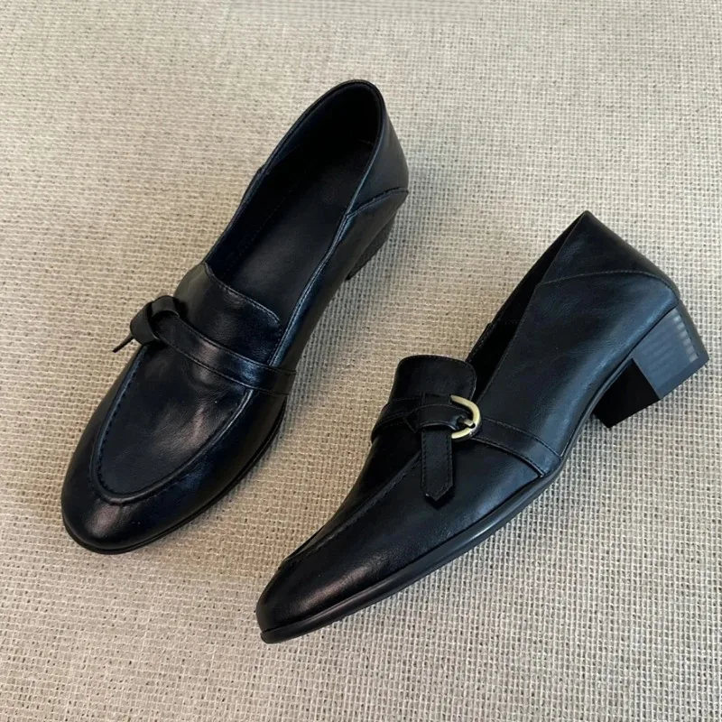 

Мягкие кожаные женские туфли-лоферы на среднем каблуке в стиле ретро, удобные, с круглым носком, модная всесезонная обувь