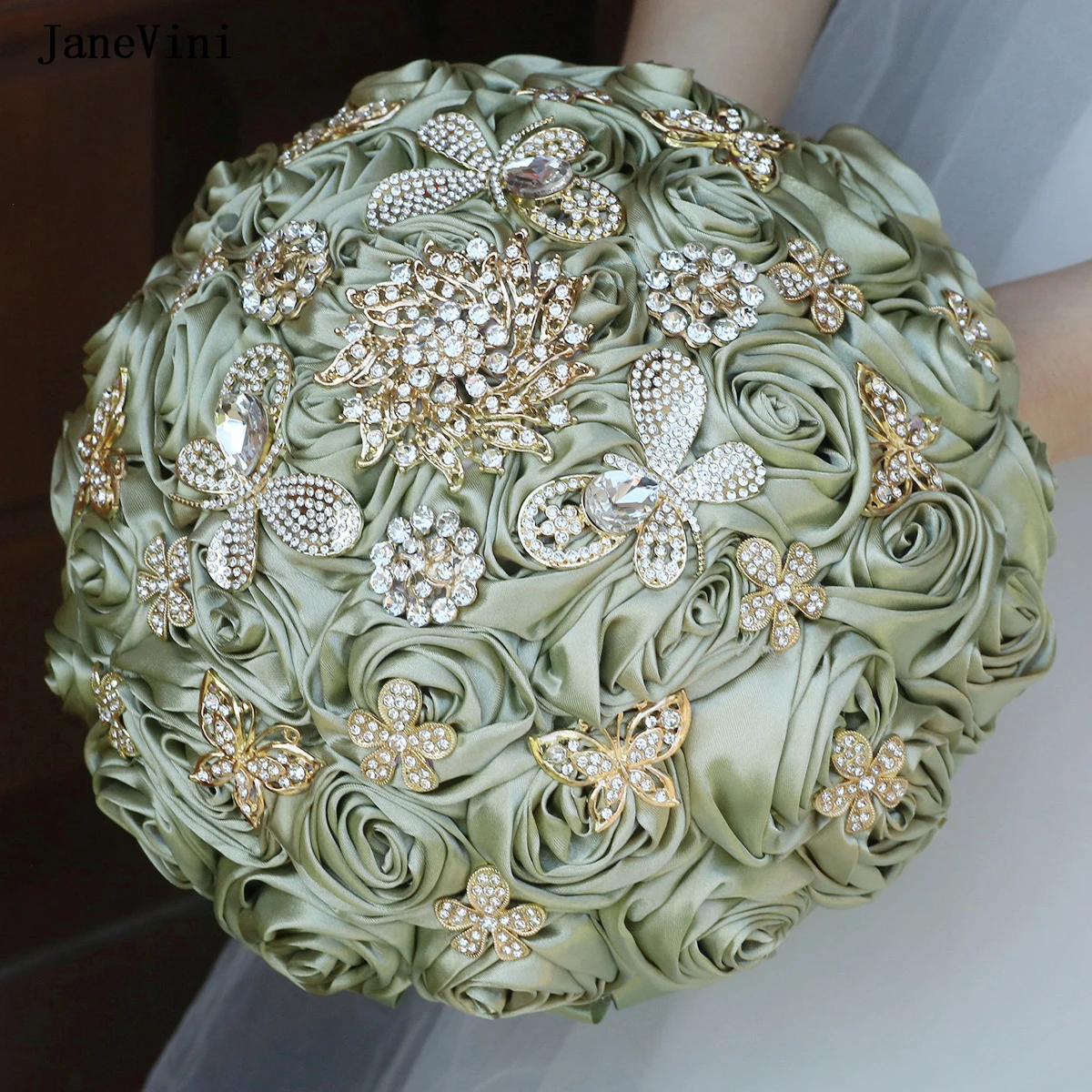 

JaneVini Bling Golden Rhinestone Sage Bridal Bouquets Artificial Bride Holding Flowers Wedding Bouquets Ribbon Roses Accessories