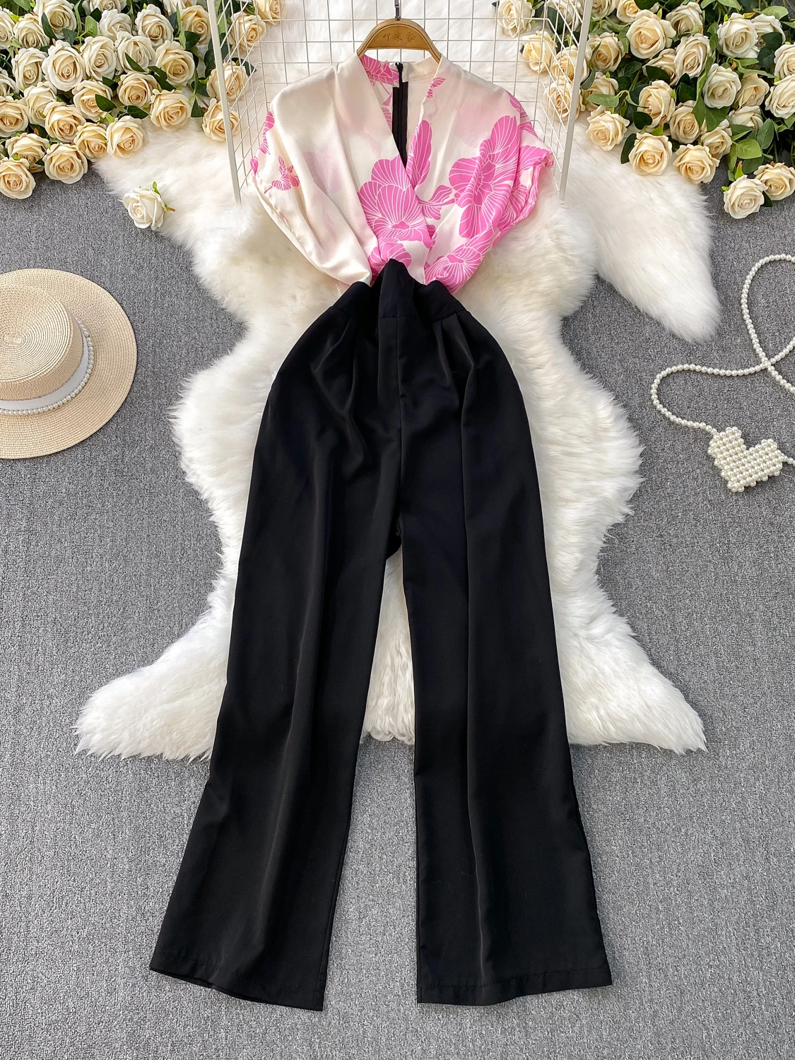 

Ele Printed Splice V-Ne ort Sve Широкие брюки женские для похудения с высокой талией цельные летние новые брюки для поездок на работу