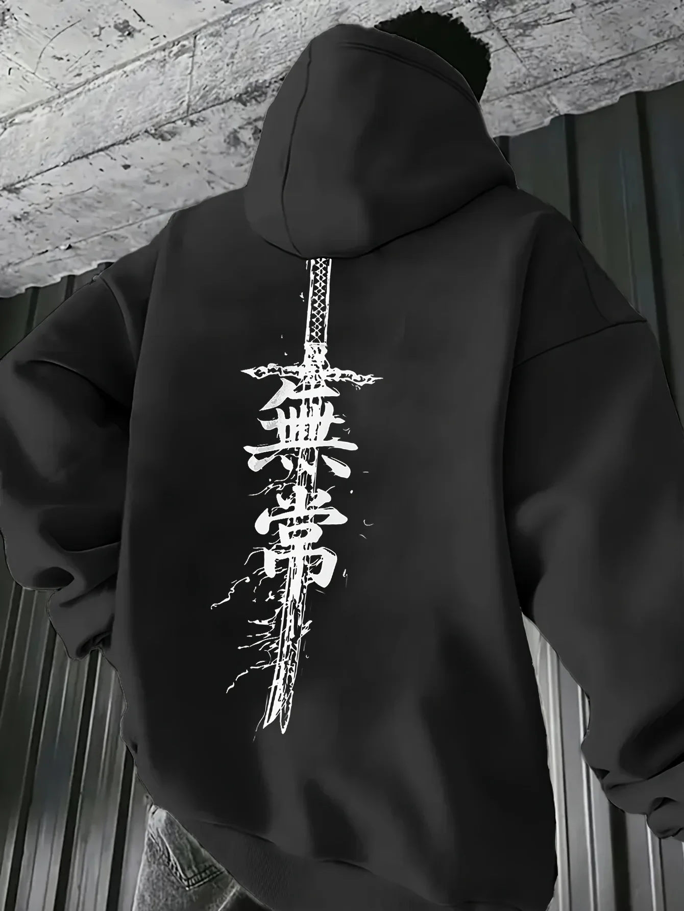 Dark Retro Chinese Wuchang Sword Vertical Lettering Men's Hoodie Spring and Autumn Winter Asian Trend Street Style Top