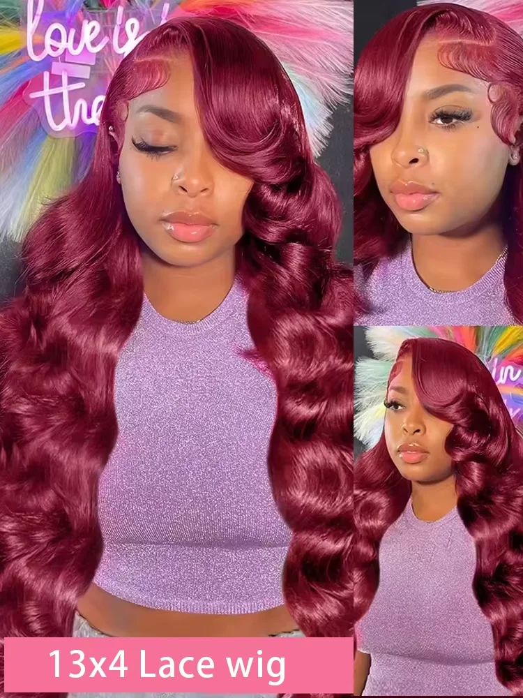 Wig Rambut Asli Peru Burgundy 99J Kepadatan 250% 13x4 HD Lace Front Body Wave Merah Tanpa Lem untuk Wanita 30 inci