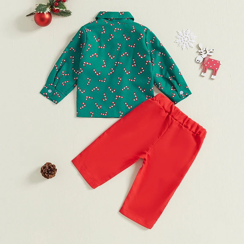 Toddler Boy Christmas Set Candy Cane Print Bow Tie Long Sleeve Lapel Neck Shirt Long Pants Outfits