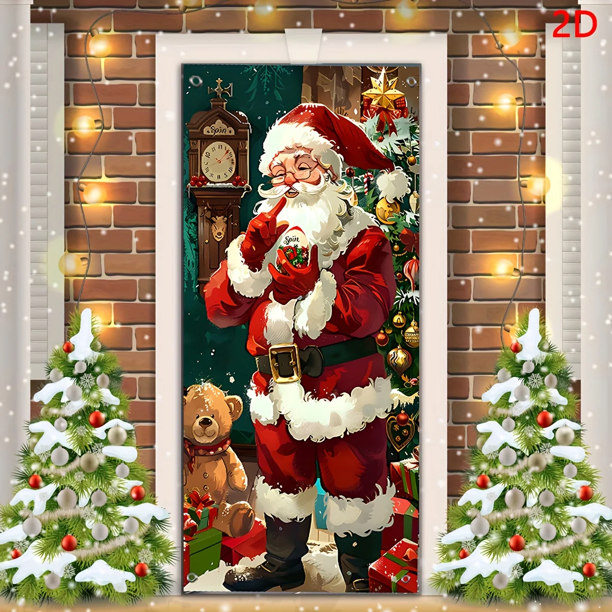 خطة ثنائية الأبعاد، تصميم ستارة باب العطلة الكلاسيكية لسانتا كلوز، أكاليل الزهور الحمراء والخضراء مع إضاءة ملونة
