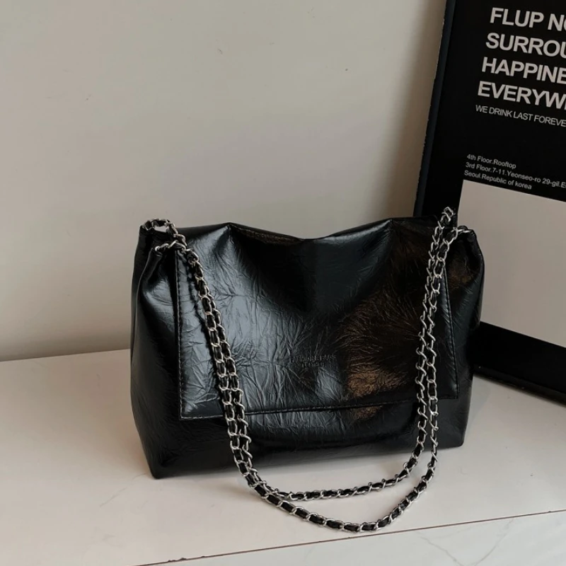 Vintage Distressed Chain Crossbody Bag Soft PU Leather Large Multi Pocket Casual Women Shoulder Bag Lady Bags