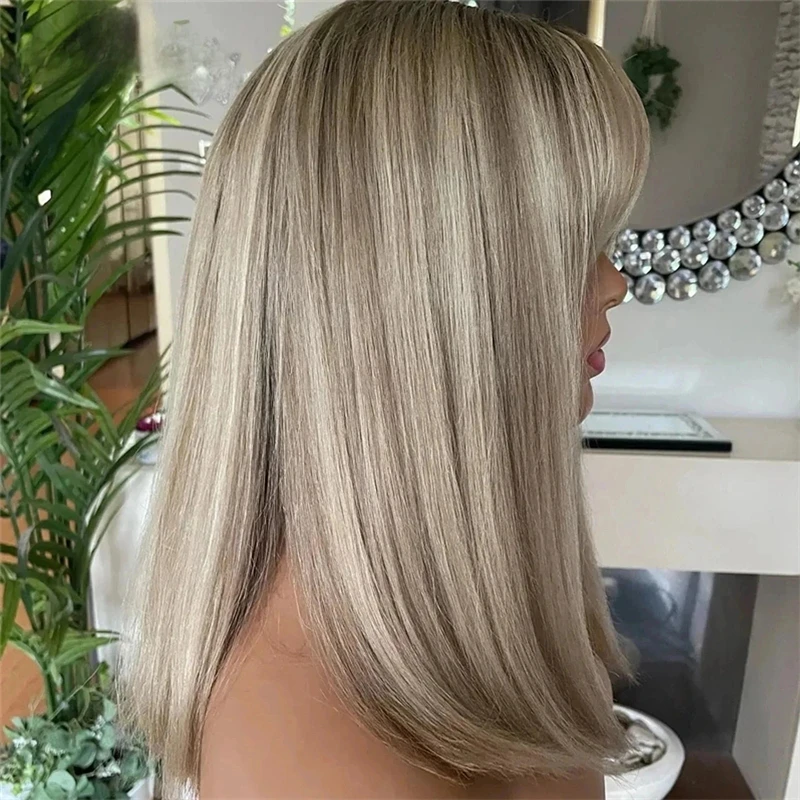 250% de densidad Ombre rubio ceniza Bob corto recto con Bnags HD transparente encaje frontal pelucas de cabello humano tamaño pequeño/grande Cosplay