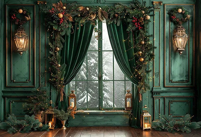 Mehofond Photography Background Winter Christmas Green Window Curtain Xmas Tree Kids Family Portrait Decor Backdrop Photo Studio