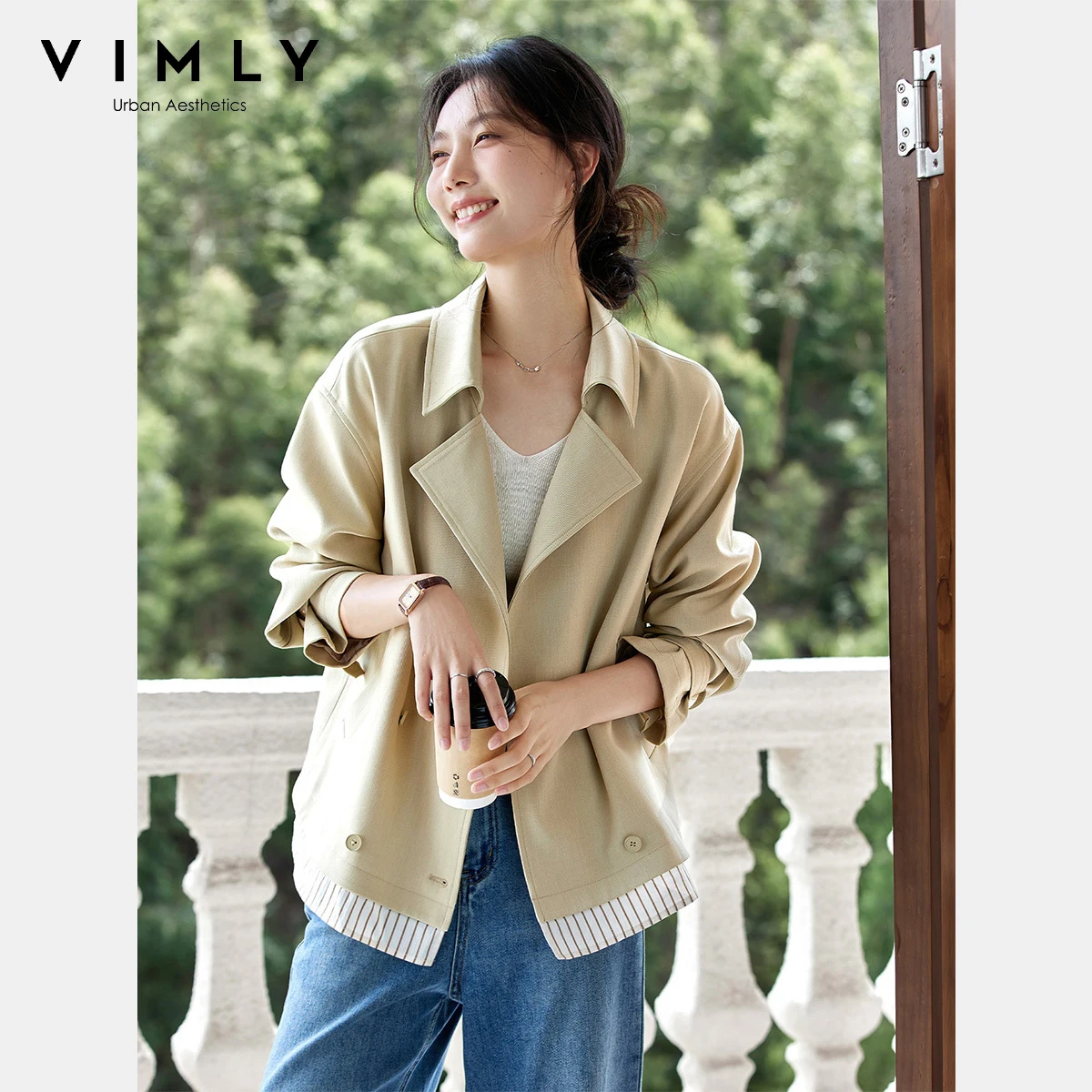 VIMLY Women's Midi Khaki Trench Coat Autumn 2025 Office Wear Striped Cuff Long Sleeve Pleated Trench Femme Straight Coats A0551