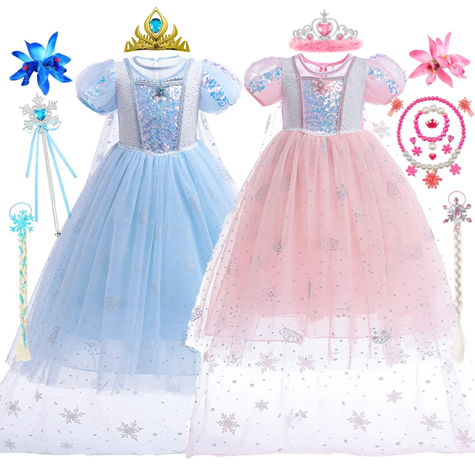 Summer Elsa Princess Dress Halloween Christmas Cosplay Elsa Snow Queen Dress for Carnival Party Costume Girl\'s Vestidos