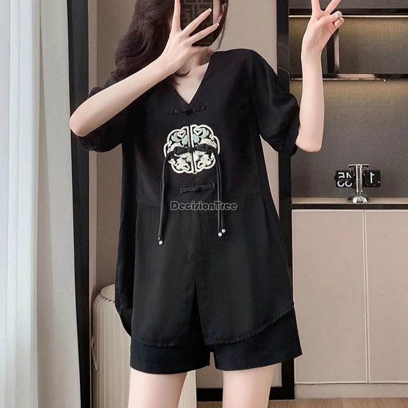 2024 new chinese style embroidery vintage fashion v-neck blouse loose shorts set summer women daily slimming two-piece set w625