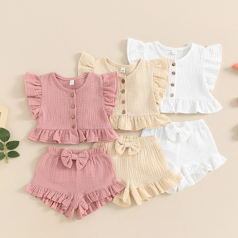 

Summer Toddler Girl Clothes Baby Girl Ruffle Sleeveless Shirt with Buttons Bow Bloomers Shorts Set Cute 2pcs Outfits