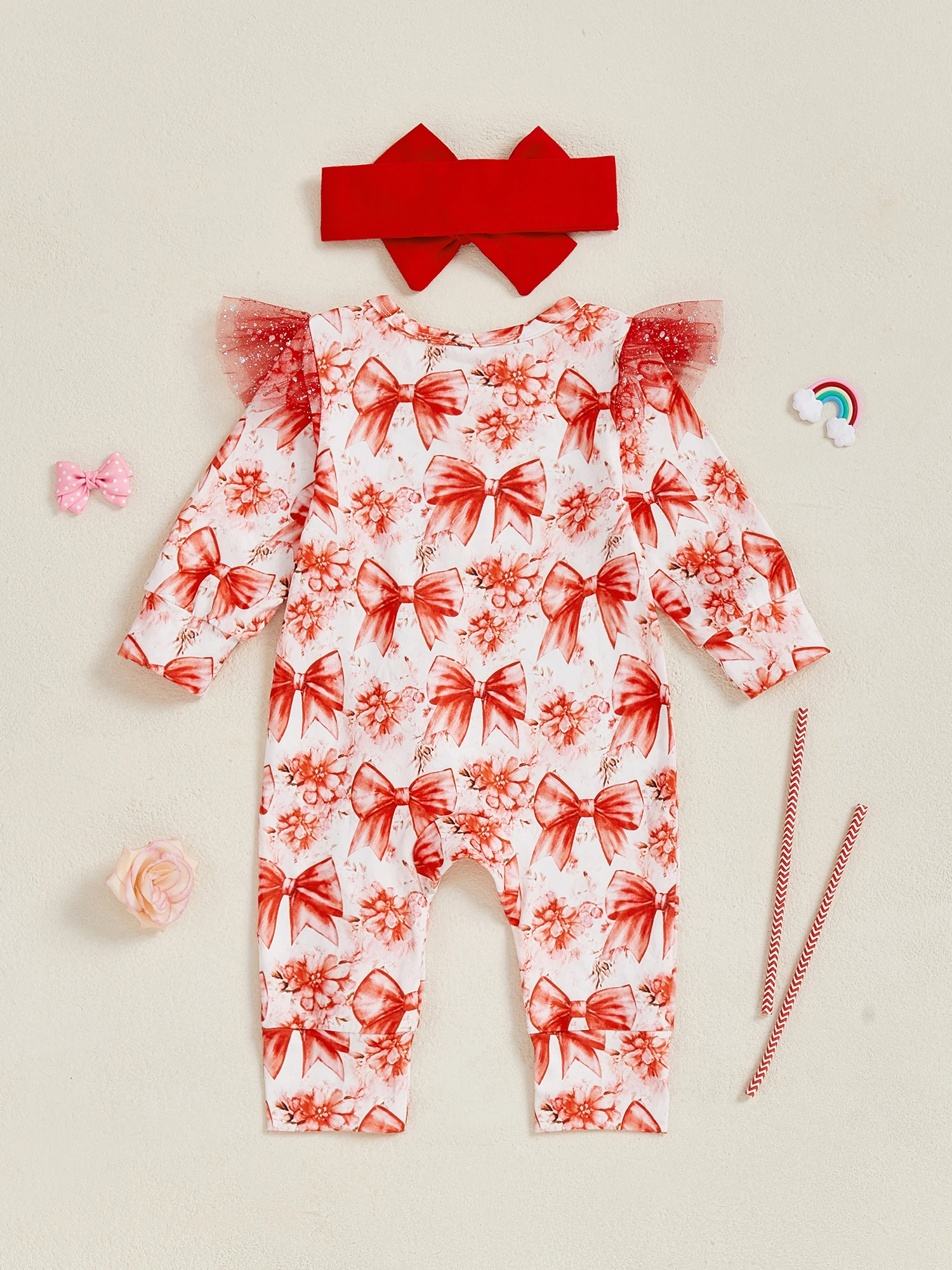 

Toddler Girls Autumn Romper with Cute Bow Print Tulle Flying Sleeves Round Neckline Zipper Closure and Matching Bow Headband
