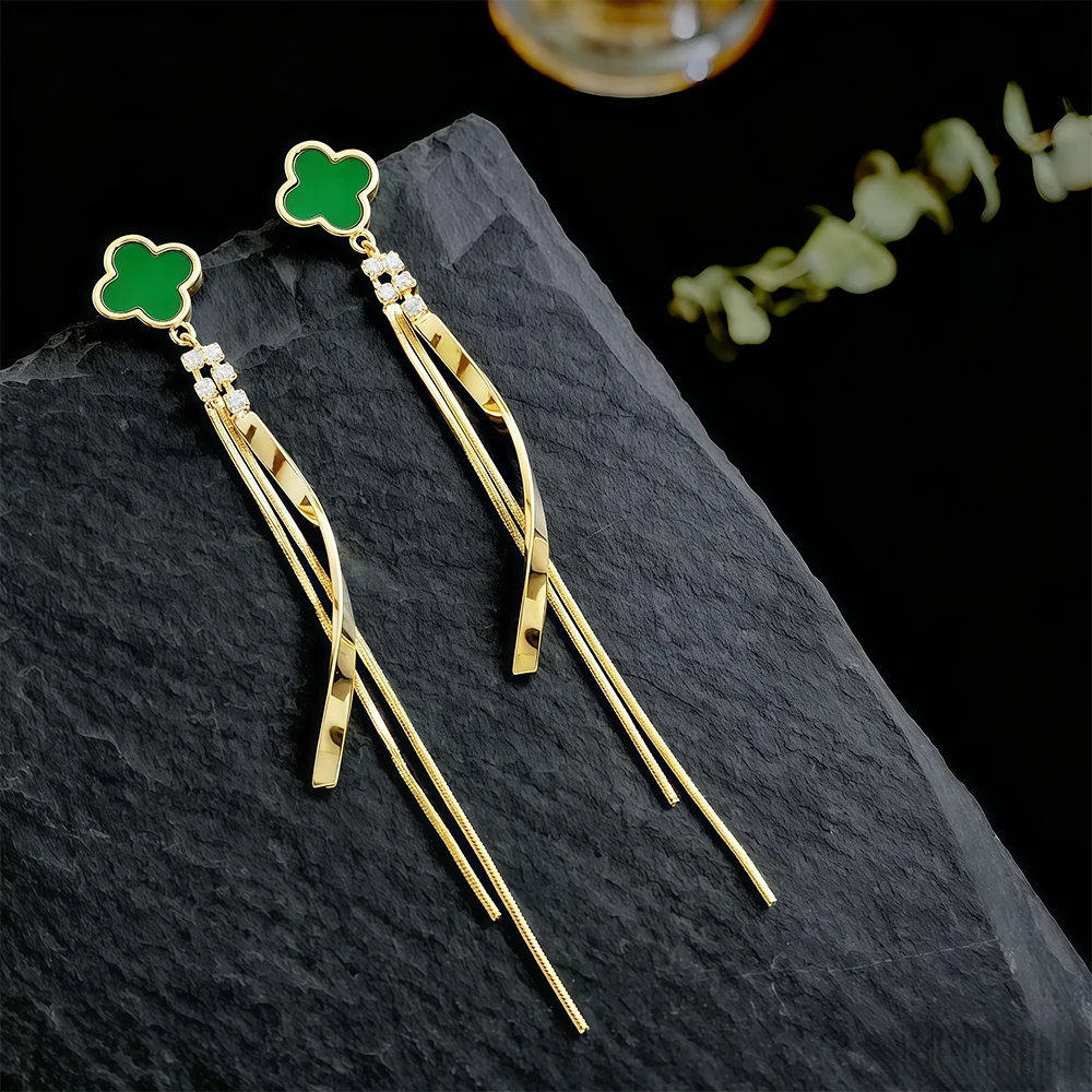 

Trendy Clover Tassel Earrings Gold Plated Long Dangle Earrings Four-leaf Clover Jewelry for Women Fashion Statement Drop Earring
