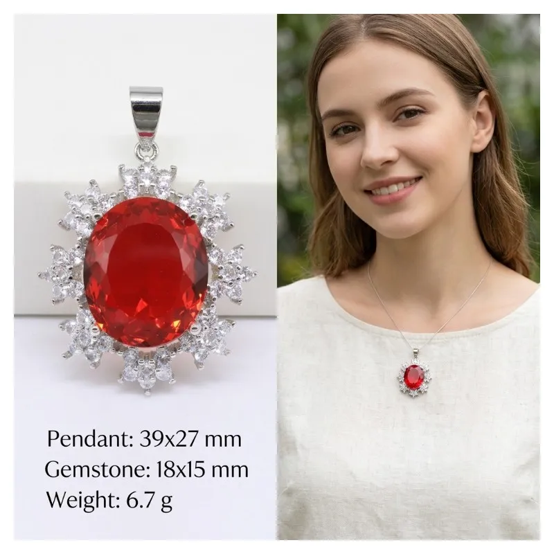 Compre 5 y Obtenga 1 Gratis, Colgante de Plata para Mujer con Gran Gema de Rubí Rojo Sangre de 39x27mm, Rubí Rojo Real y Circonita Blanca