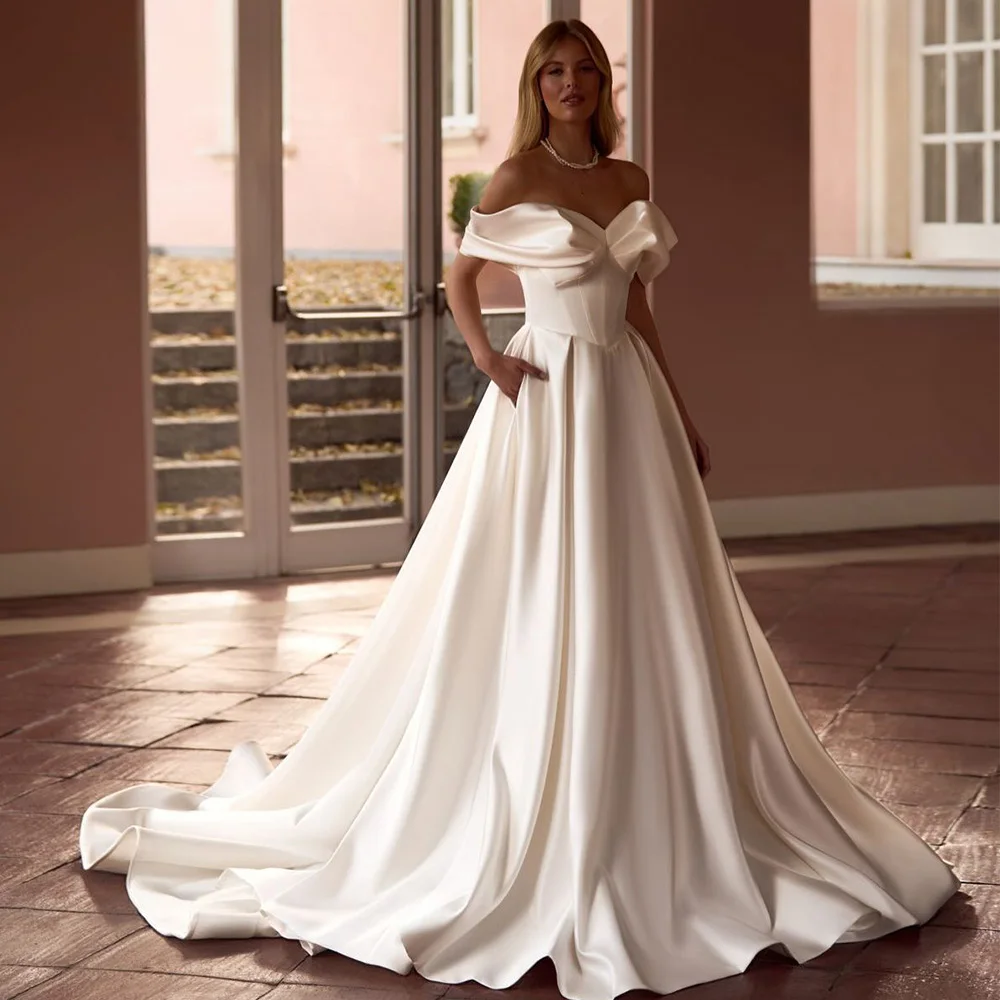 

Charming A-Line Satin Wedding Dress with Pockets Classic Customized Ruched Vestido De Novia Fashion Off the Shoulder Bridal Gown