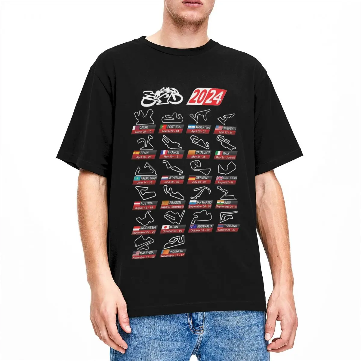 Men Motorsport Calendar Season 2024 Race Circuits Graphic Printed Tee Shirt Cotton Motorcycle Racing T Shirts Tee Clothing