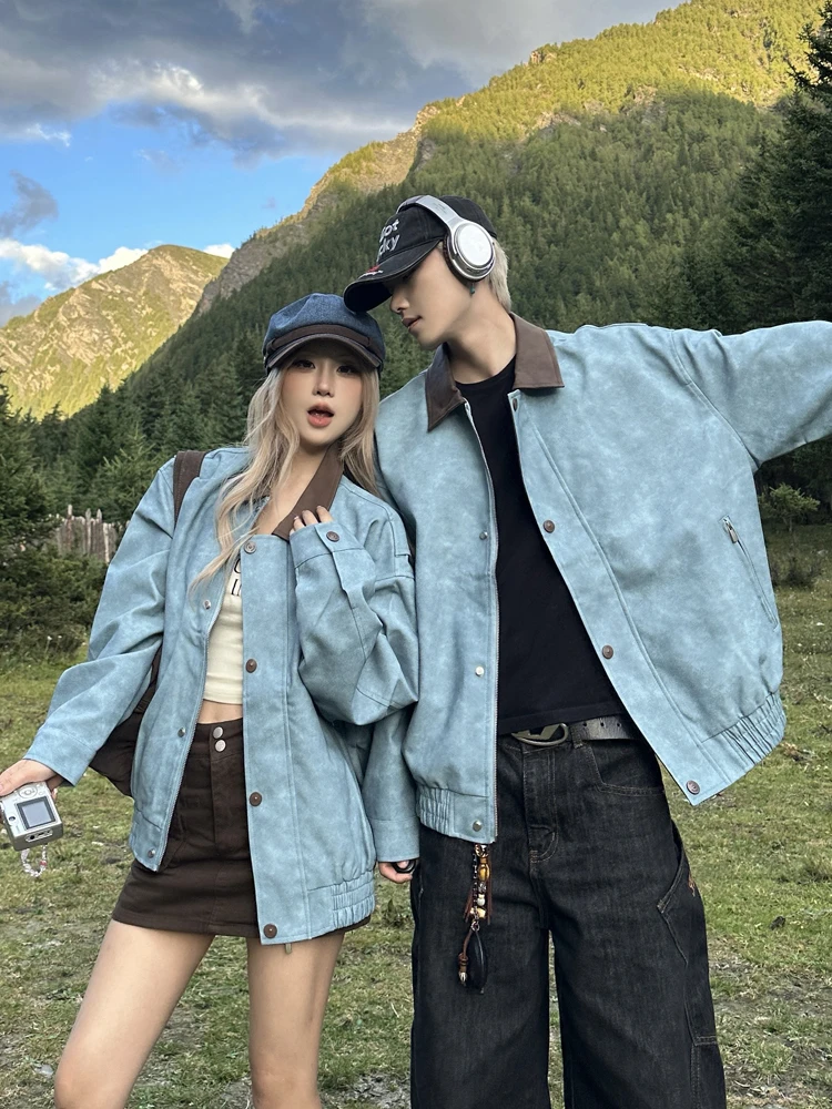 الأزواج مطابقة الخريف الشتاء بدوره إلى أسفل طوق اللون بلو بو الجلود Jaet الرجال خمر الأمريكية Sle معطف غير رسمي