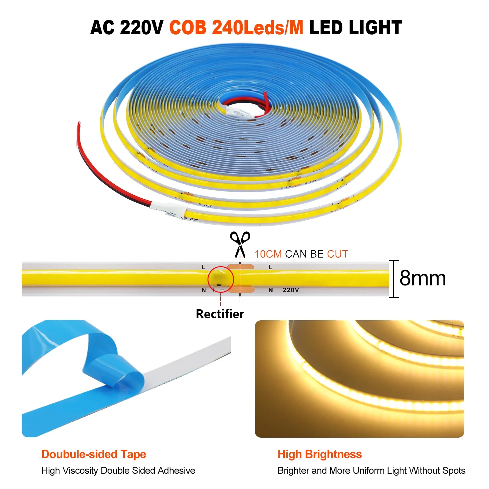 5M 10M COB LED Strip 220v Adhesive High Brightness 240LEDs/m 10cm Cuttable Flexible COB LED Tape With Rectifier 8MM PCB Width