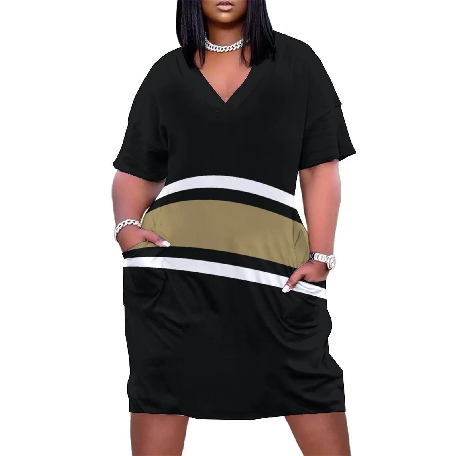 

Black, White, & Gold Power Stripe Loose Pocket Dress evening dress woman dress summer women"s suit Women"s clothing