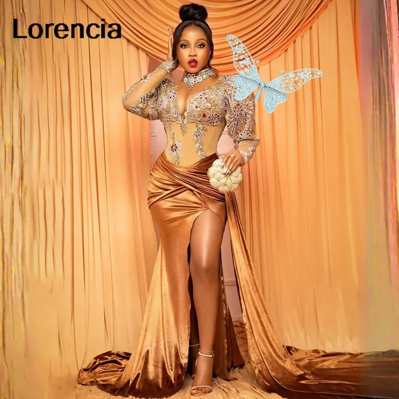 

Индивидуальное африканское платье Aso Ebi Gold Русалка для выпускного вечера с бисером и бриллиантами, кружевная аппликация, вечерние платья с высоким воротом, Robe De Sorrie YPD327