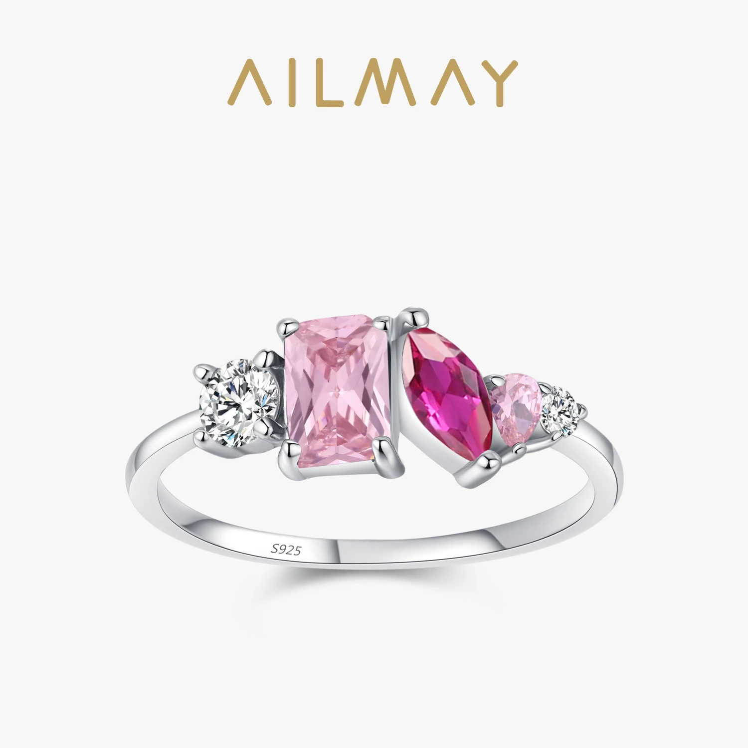 

Ailmay 925 Sterling Silver Sparkling Pink Zircon Square Geometric Design Ring For Women Trendy Wedding Banquet Jewelry