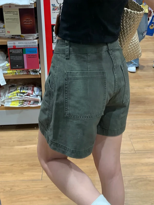 American Retro Military Green Denim Shorts Women's Summer High Waist Slimming Loose Workwear A-Line Three-quarter Length Pants