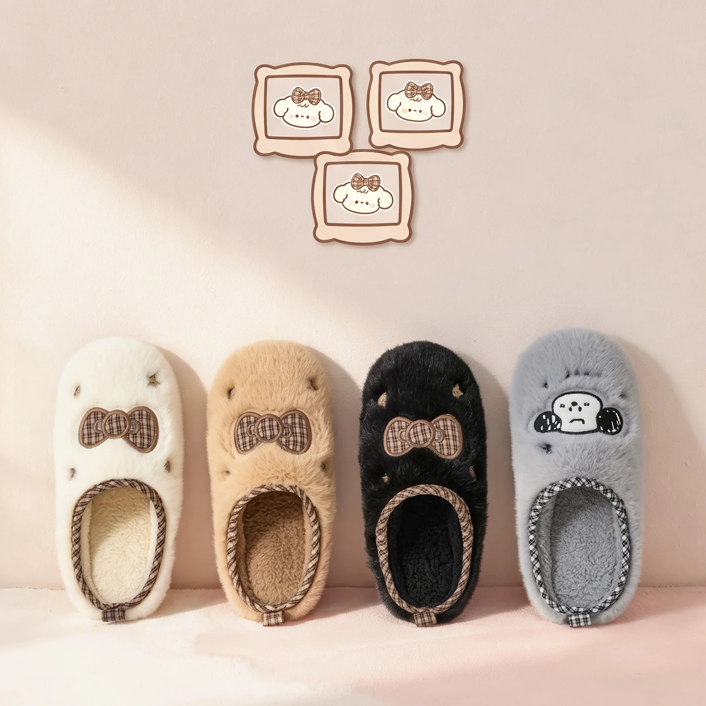 Cute Puppy Plush Slippers for Women, Winter Warm Fuzzy House Shoes with Bowknot, Indoor Non-slip Home Slippers