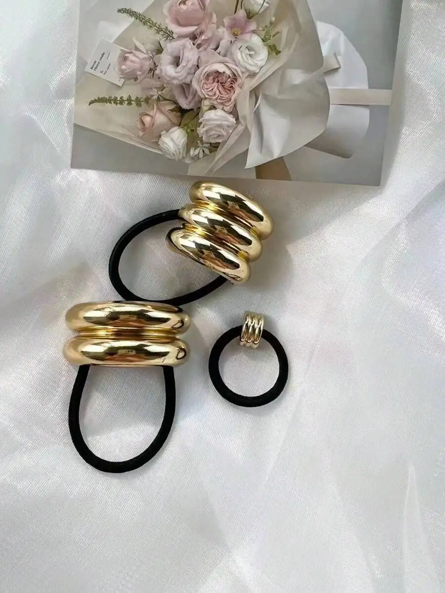 

3pcs Geometric Metal Bump Elastic Hair Ties Women Elegant Ponytail Holders Hair Accessories