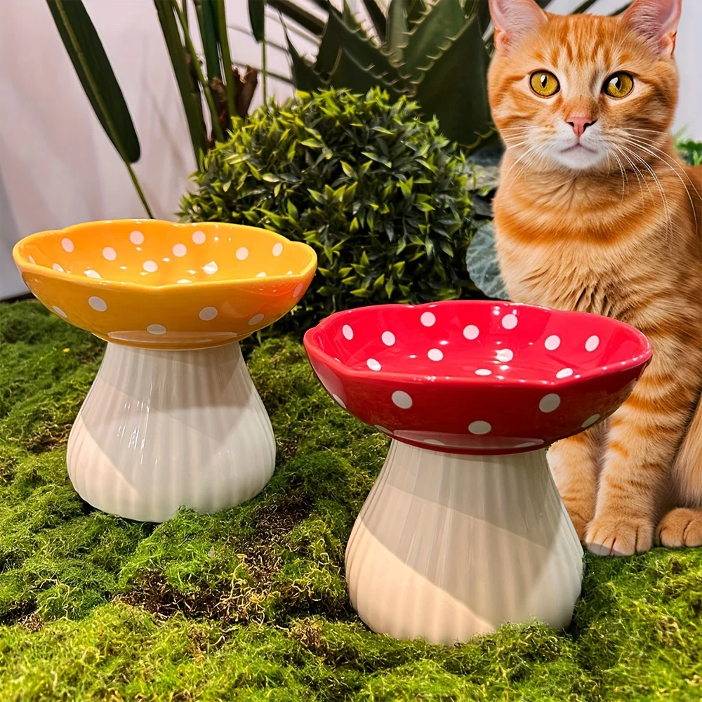 Mushroom Design Cat Bowl, Raised Cat Food Bowl Water Dish With Anti-Overturning Stand For Neck Protection And Easy Feeding