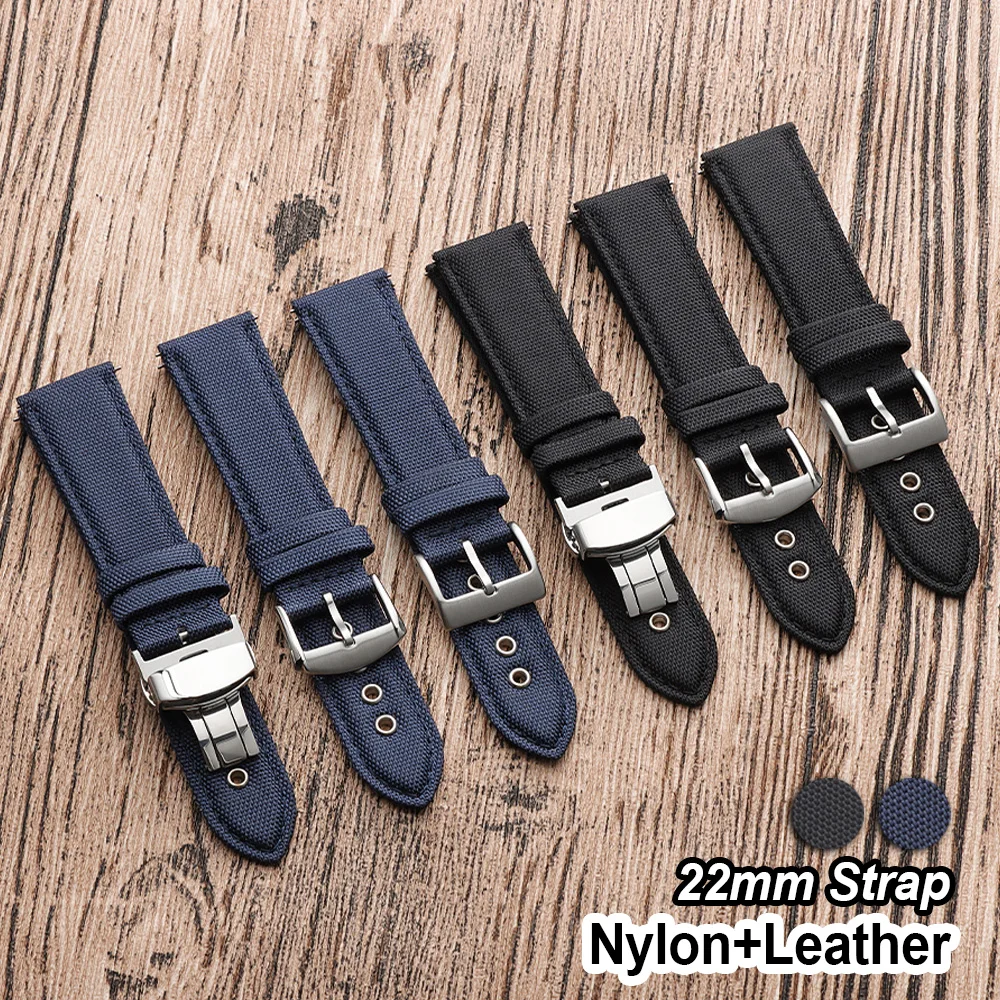 

22mm Sailcloth Nylon Watch Band Leather Bottom Watch Strap Universal Quick Release Bracelet Men Women Pin Butterfly Buckle Band