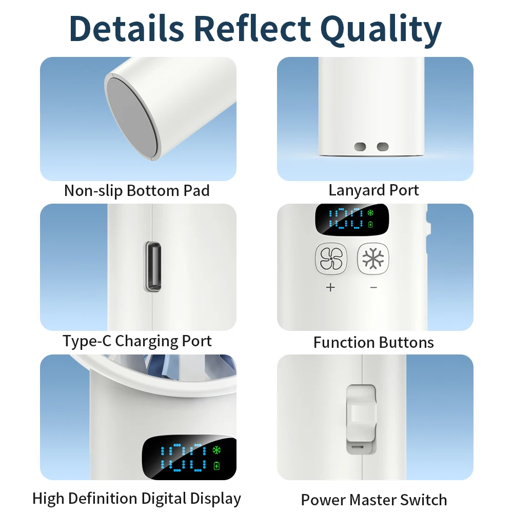 5200mAh 휴대용 선풍기 냉각 아이스팩 무소음 휴대용 야외 100단계 속도 USB 충전 고속 선풍기