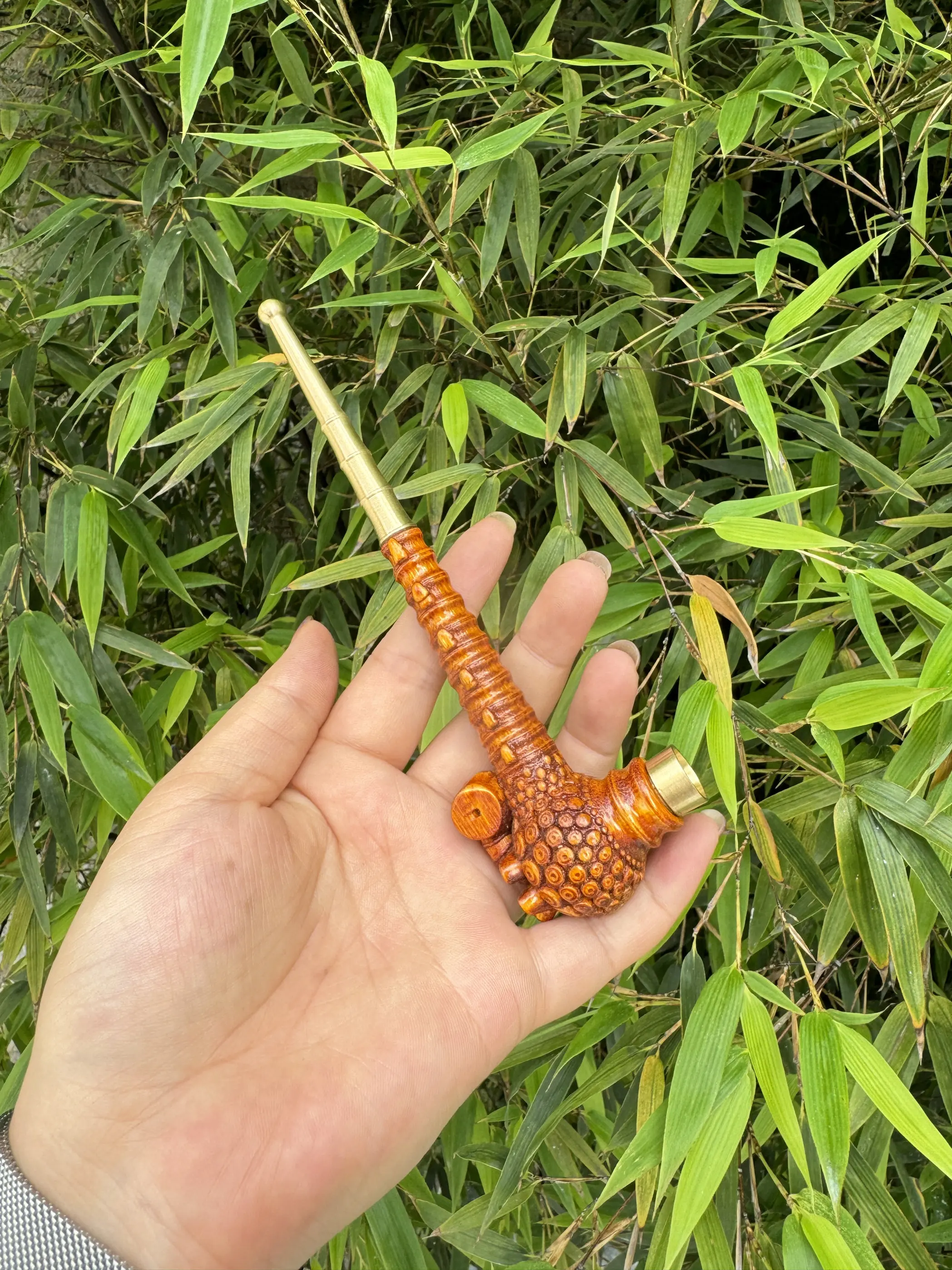 Solid Bamboo Integral Carving Integrated Old-Fashioned Straight Pipe, 17cm Long Three-Purpose Top of Lighter Multi-Purpose