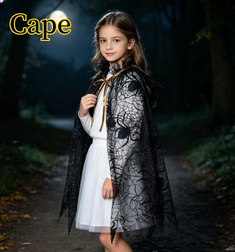 Little Girls Sparkly Witch Cloak With Spider Web Decoration Halloween Fashion Cape for Carnival Birthday Holiday Party Dress Up