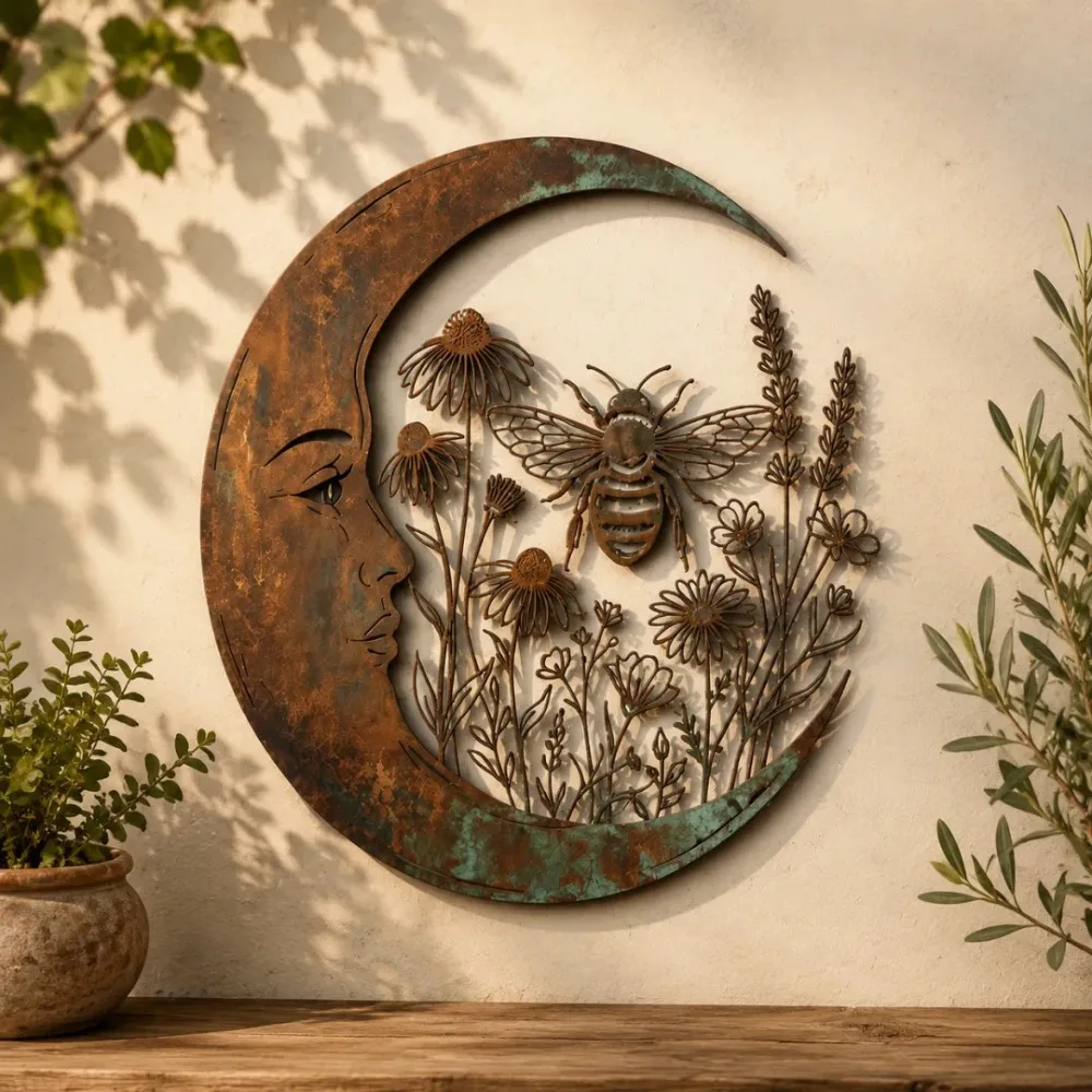 3D Moon Fairy Wall Decor Garden Decor Iron Dragonfly Bee Wall Art Hummingbird Distressed Finish Round Celestial Wall Sign