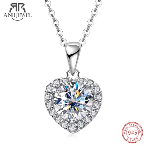 AnuJewel 1ct D 컬러 하트 Moissanite 펜던트 925 스털링 실버 40 + 2 + 3cm 목걸이 웨딩 쥬얼리 도매