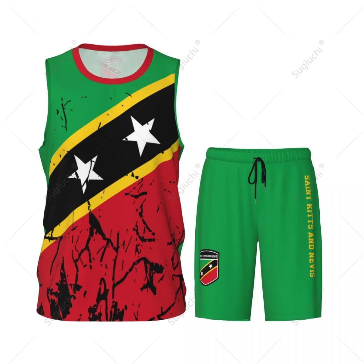 Team-Up Saint Kitts En Nevis Vlag Graan Heren Basketbal Jersey Set Shirt & Broek Mouwloze Aangepaste Naam Nunber Exclusief