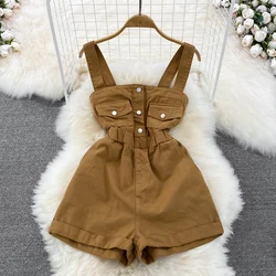 Vintage Denim Jumpsuit Shorts Women's New Summer Suspender Jeans High Waisted Slim Fit Crimp Pockets Straight Overalls Pants