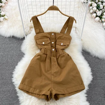 レディースヴィンテージデニムジャンプスーツ,サマーパンツ,ハイウエスト,ストレートポケット