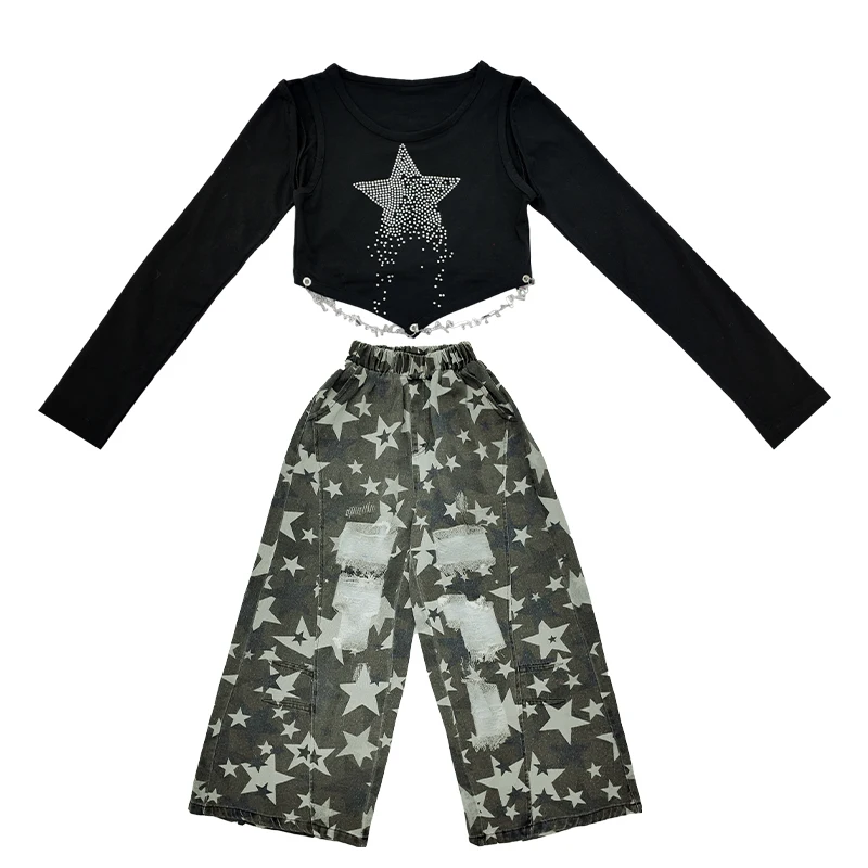 2026 الأطفال الهيب هوب أزياء رقص للفتيات المحاصيل القمم السراويل التمويه Kpop وتتسابق الحديثة الجاز الرقص مرحلة الملابس DQS21703