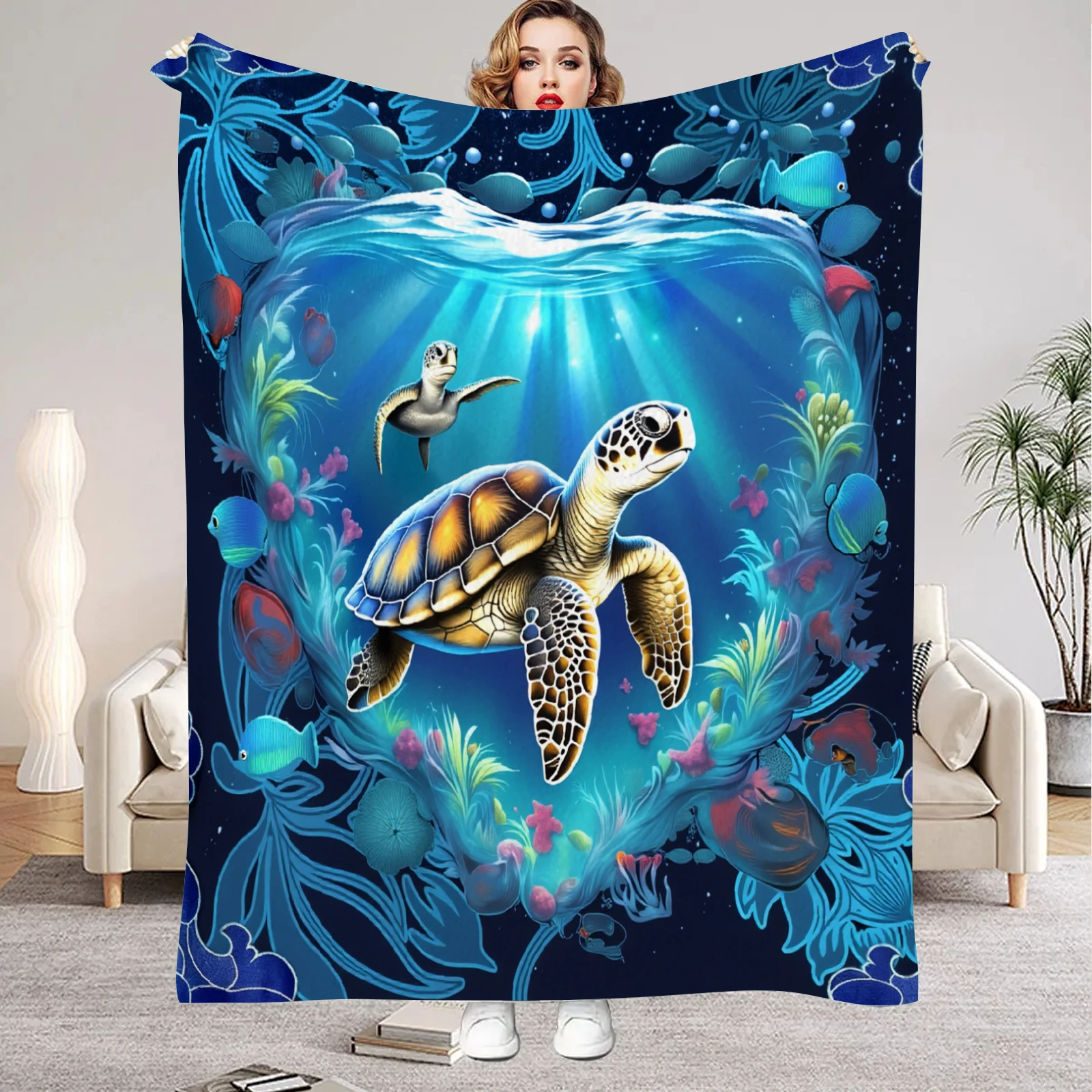 1pc Blue Blanket Sea Turtle 3D Printed Comfortable Flannel Blanket for Home Living Room Bedroom Decor Birthday Gift