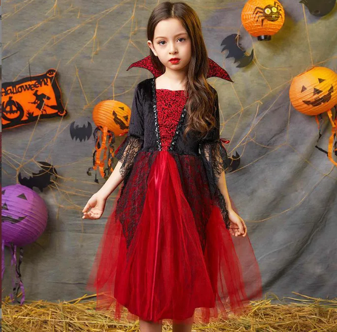 Teufel-Kostüm für Mädchen, langes Spitzenkleid, Federflügel, Horn-Stirnband, Dreizack-Zauberstab für Halloween-Cosplay-Bühnenauftritte – Detail 10