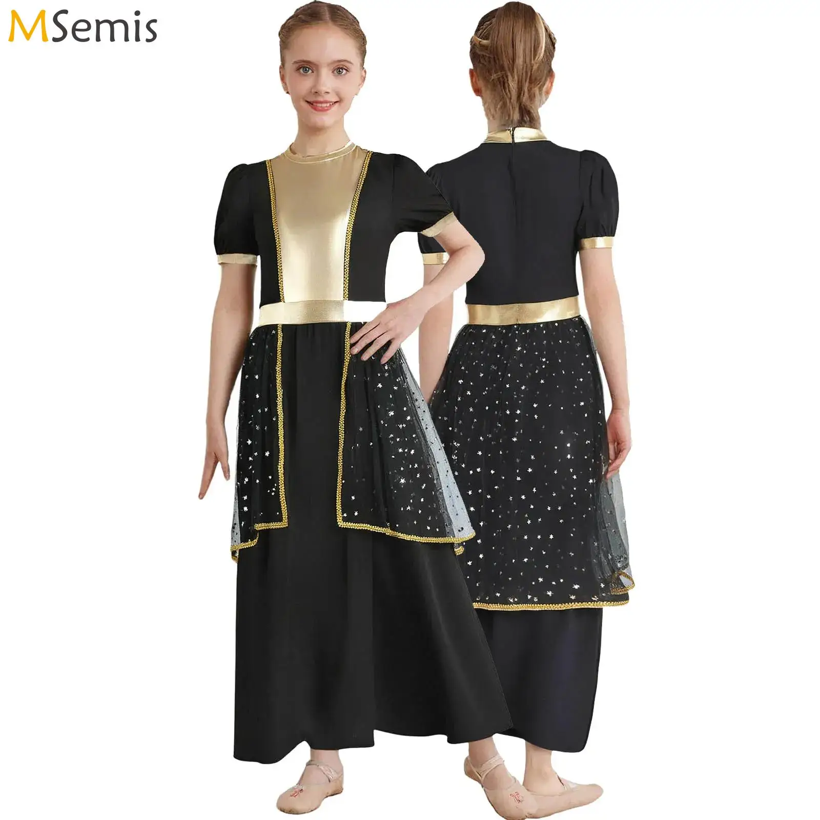 

Hallowee Angel Cosplay Costume Praise Lyrical Dance Dress ShortSleeve Metallic Sequin Tulle Dress Church Worship Choir Dancewear