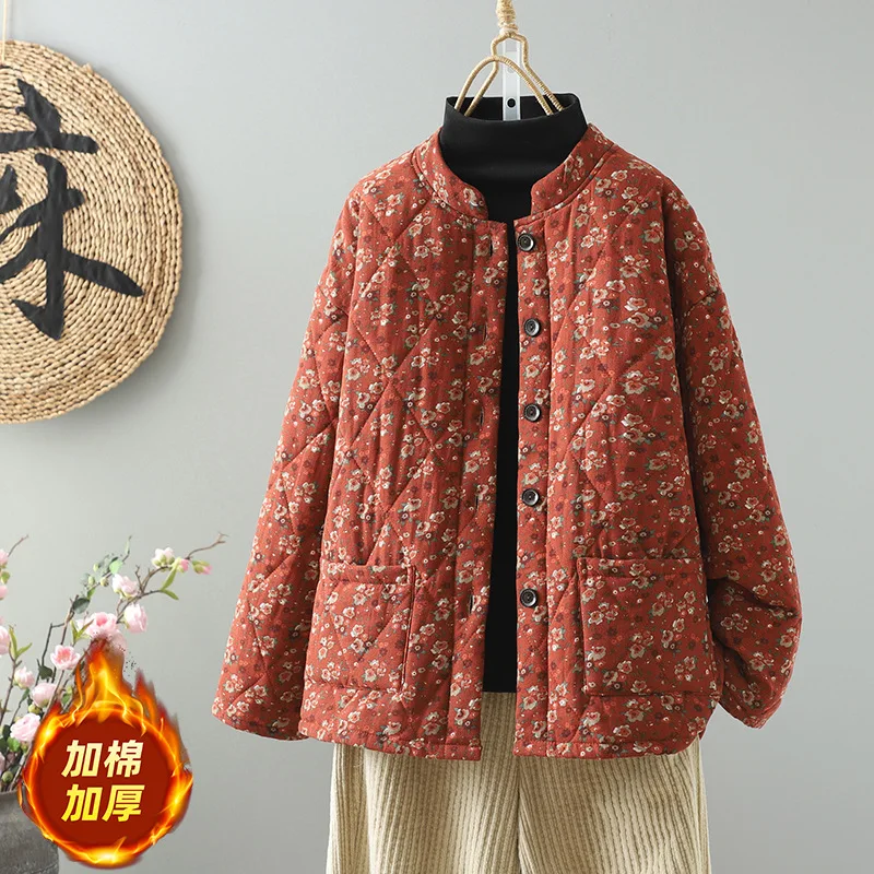 

Хлопковая куртка в стиле ретро с цветочным принтом и воротником-стойкой, теплое универсальное пальто с большими карманами, зимнее пальто для женщин, повседневное свободное пальто с принтом