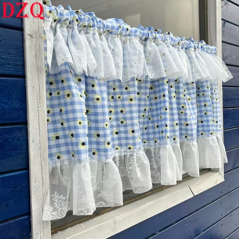 

American Countryside Blue Daisy Short Curtain for Kitchen Lace Ruffle Edge Short Curtain for Living Room Coffee Curtains #A608