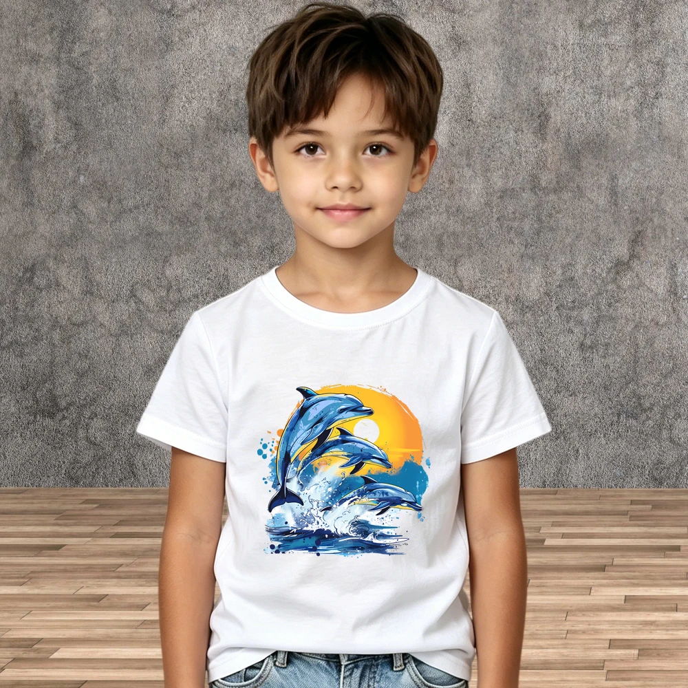 Children Summer Casual T-Shirt Boys Girls Dolphins Jumping Print Short Sleeve Ocean Tops