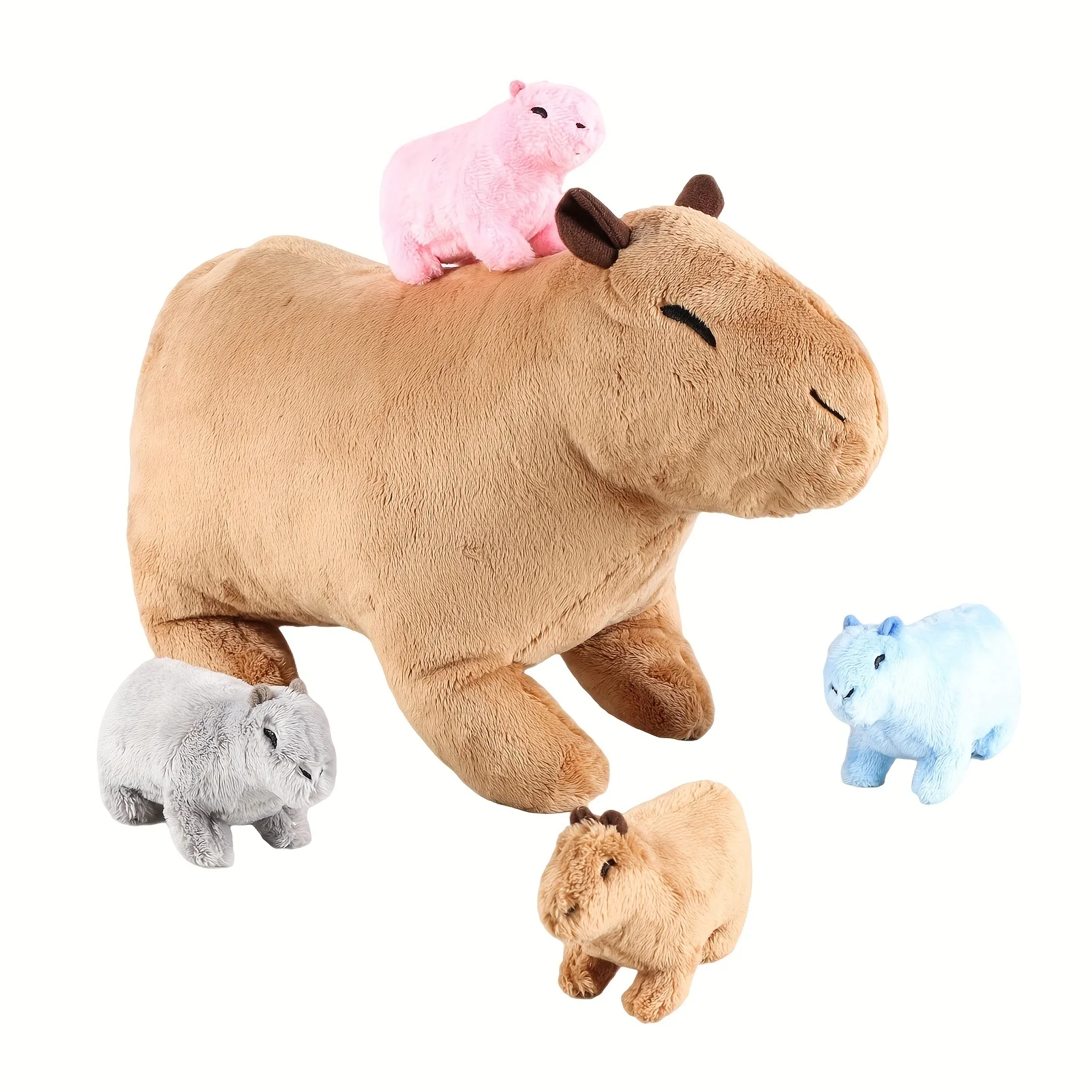 Kawaii Simulation Capybara Stuffed Animal-13.38'' Mommy Stuffed Capybara with 4 Baby Stuffed Animals Inside Zipper Tummy