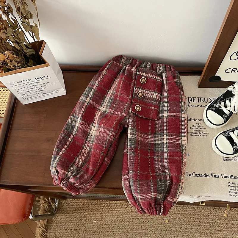

Winter Girls Pants Plus Velvet Trousers for Kids Plaid Children Loose Joggers Fleece Toddler Casual Clothes Baby Pants 1-6T