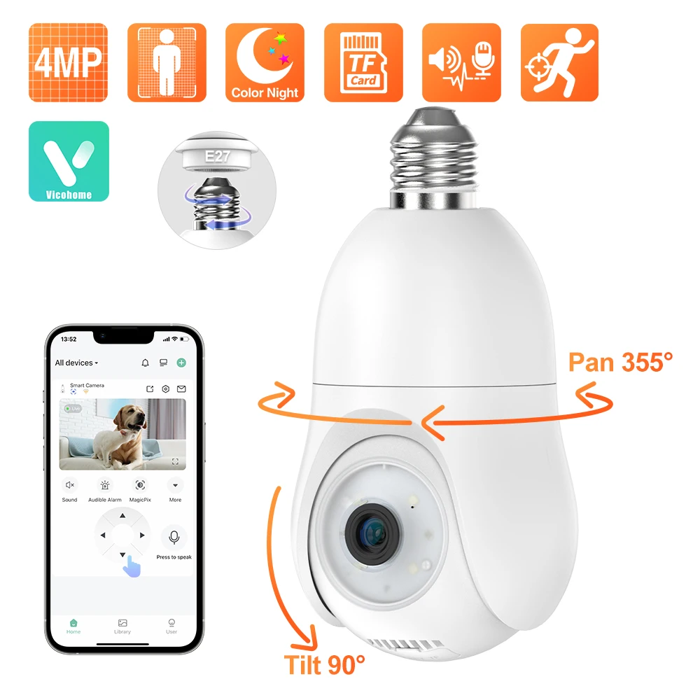 

Techage 2K 4MP WiFi Security Camera 2.4GHz Wireless Indoor Surveillance Night Vision Human Detection APP Alarm PTZ Bulb Camera