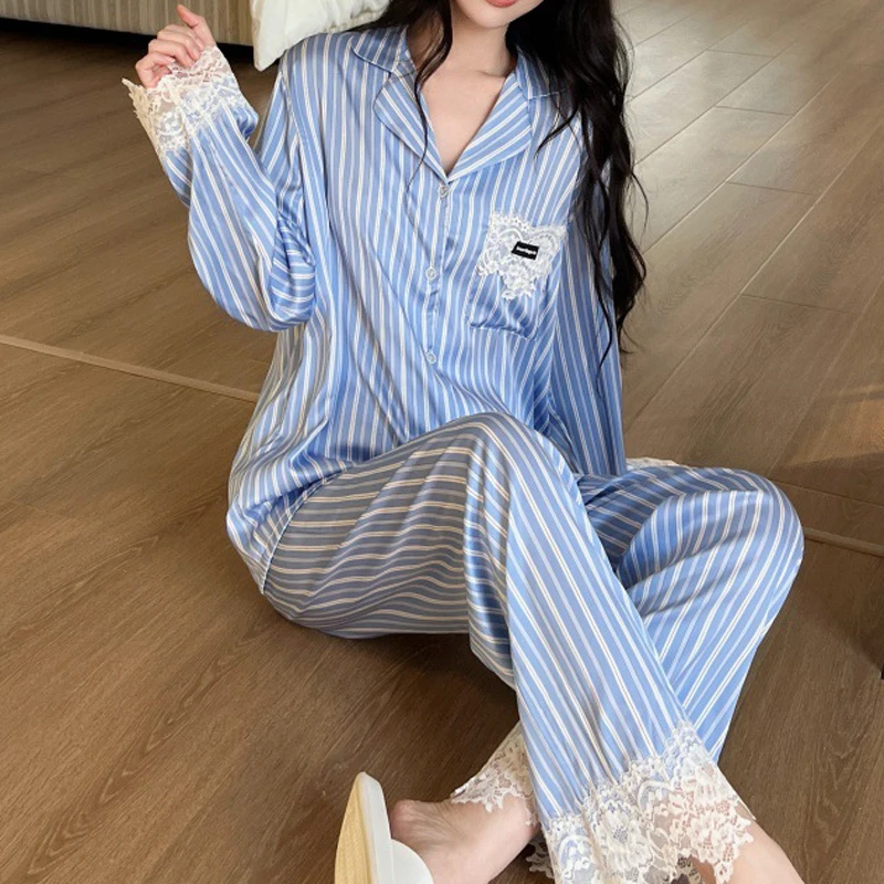 

Women Luxury Sleepwear Striped Long Shirt Pants Vintage Pajamas Suit Spring New Pyjama Femme Pijamas De Mujer Loose Nightwear