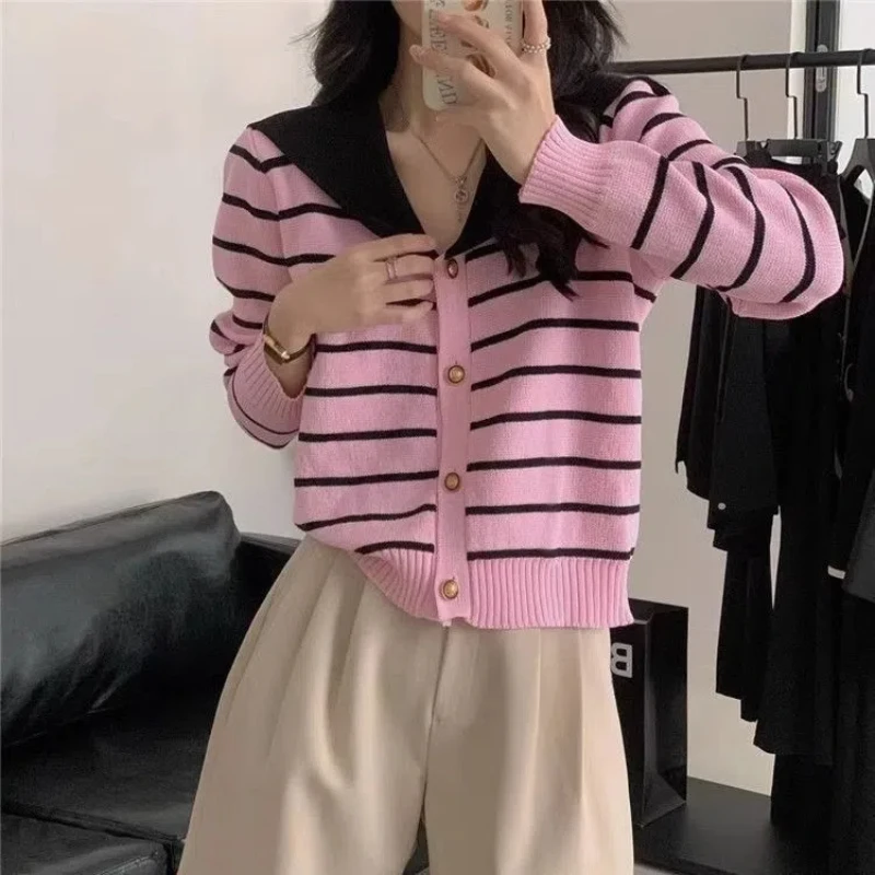 2024 Spring New Navy Collar Knitted Cardigan Women\'s Button Striped Color Blocked Sweater Minimalist Coat Fashion Short Top