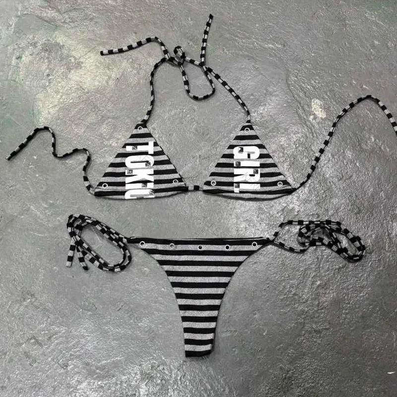

Y2k Retro Gothic Harajuku Style Striped Neck Strap Bikini Set Europe and America Summer Trendy Fashion Versatile Bikini Set emo
